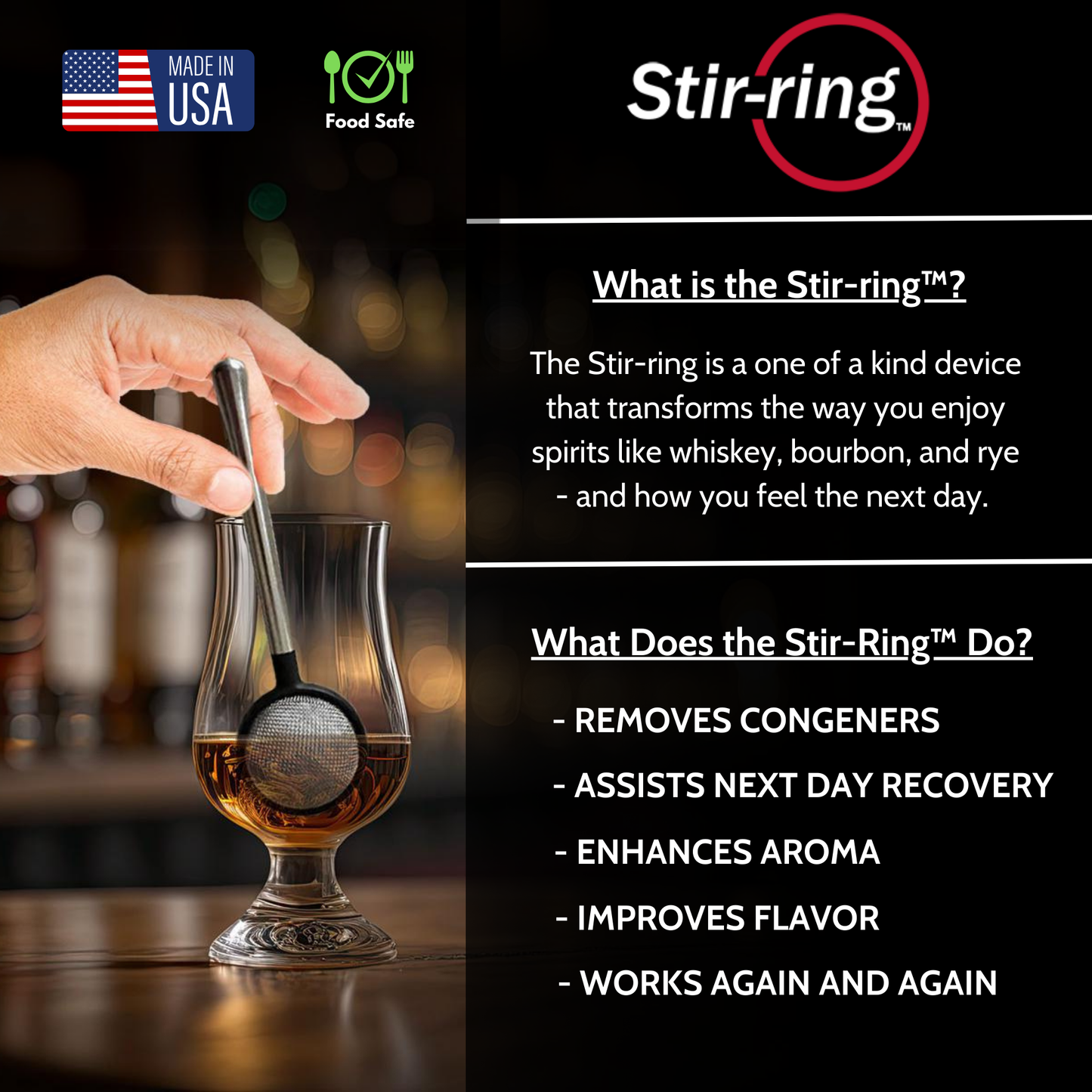 Stir-ring™ Reveal Bar Tool for Spirits - Works with Whiskey, Bourbon, Rye & Cognac